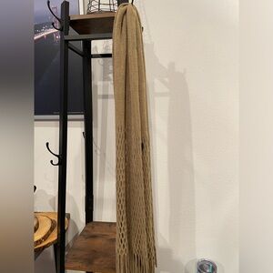 Tan Acrylic Scarf with Weave Pattern and Bottom Frills.